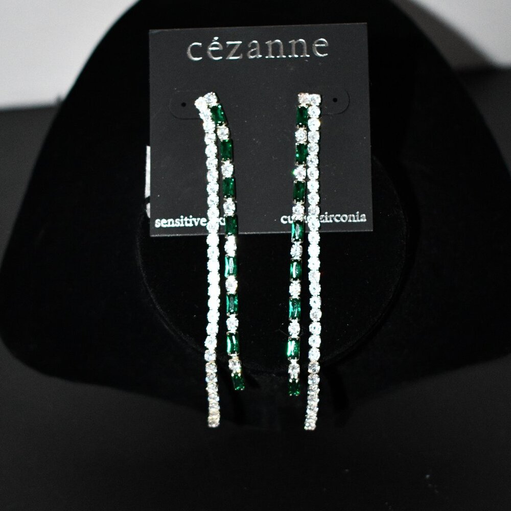 Cezanne Dangling Double Crystal & Green Earrings NWT